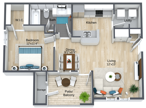 A floor plan of a small apartment with a living room, kitchen, and bathroom.